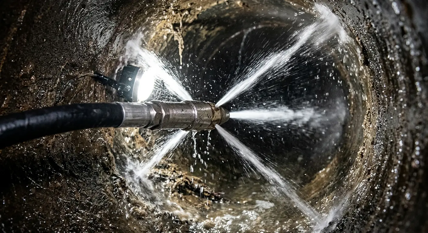 High-pressure hydro jetting nozzle cleaning sewer pipe for Emergency Drain Service in Granite Bay