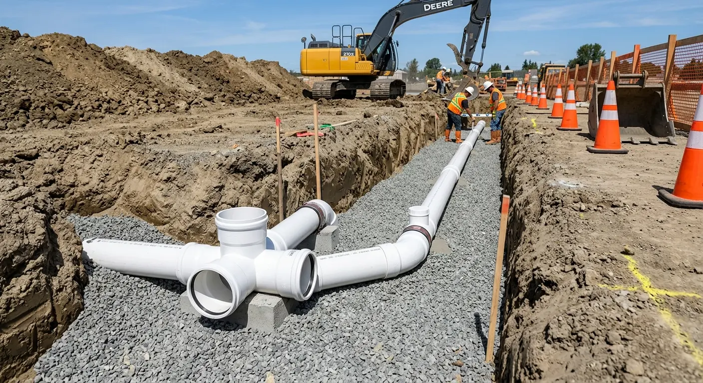 New PVC sewer pipe installation in open trench for Sewer Backup in Granite Bay