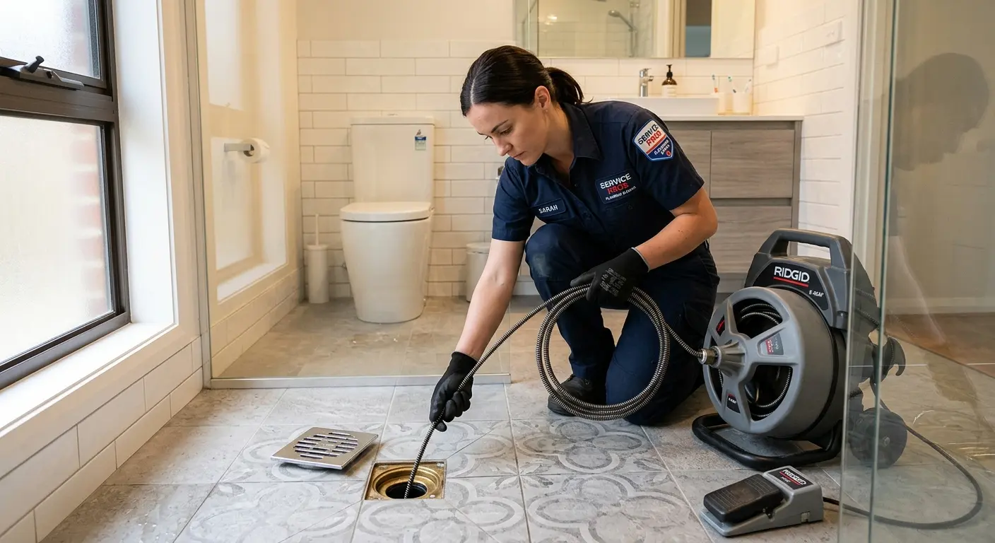 Technician clearing a bathroom floor drain for Sewer Line Installation in Granite Bay